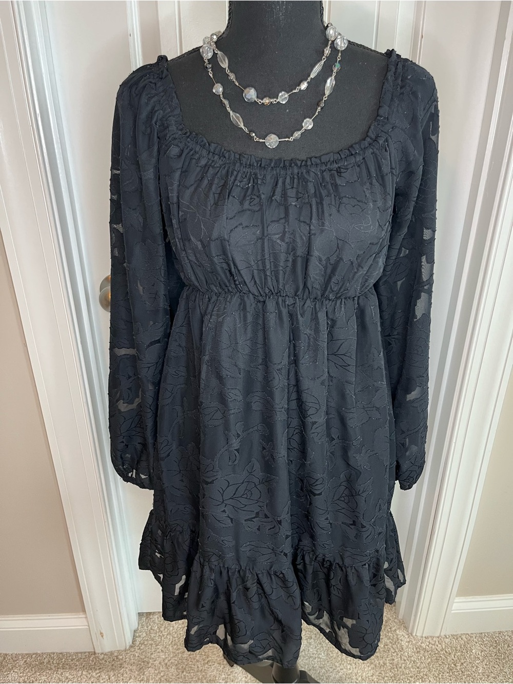 Rewind Black Floral Textured Long-Sleeve Dress